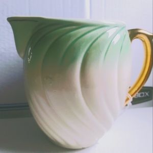 USA Pottery Water Pitcher Green,Cream, Gold handle, trim